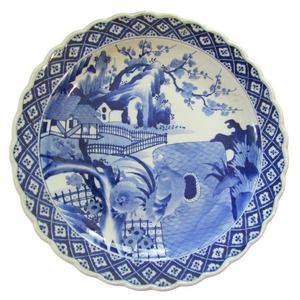 Japanese Blue & White Porcelain Charger Rooster & Hen 18th 19th C 19"
